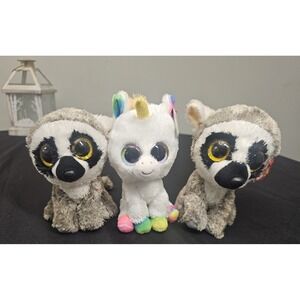 Ty Beanie Boos Linus Lemur & Pixy Unicorn Plush Lot of 3 Stuffed‎ Animals 6in